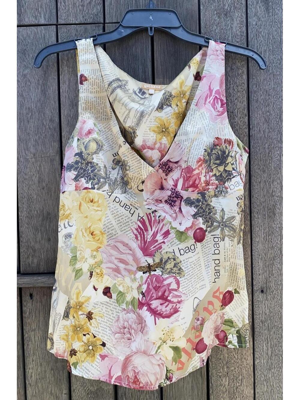 Authentic Early 2000s Vintage Galliano Silk Floral Newspaper Blouse Top 28/42
